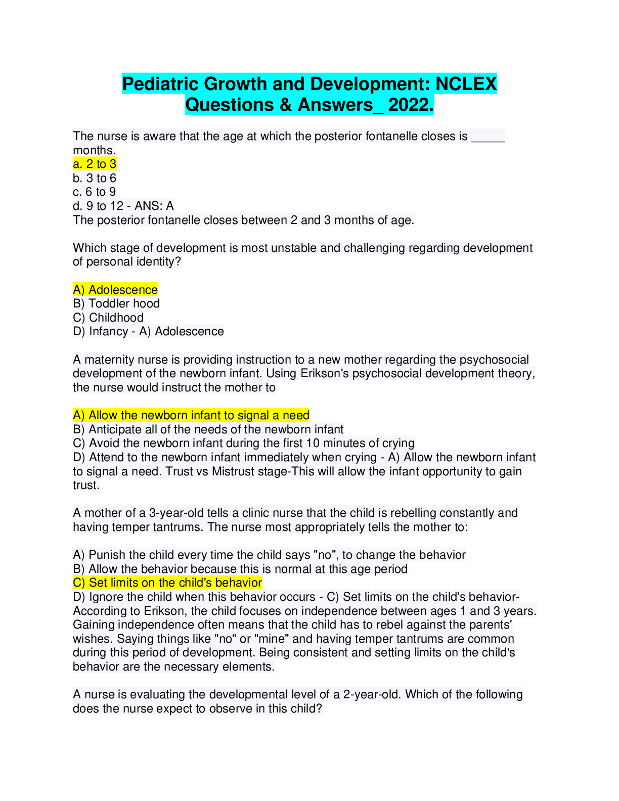 Preview image for Pediatric Growth and Development: NCLEX Questions & Answers_ 2022.
